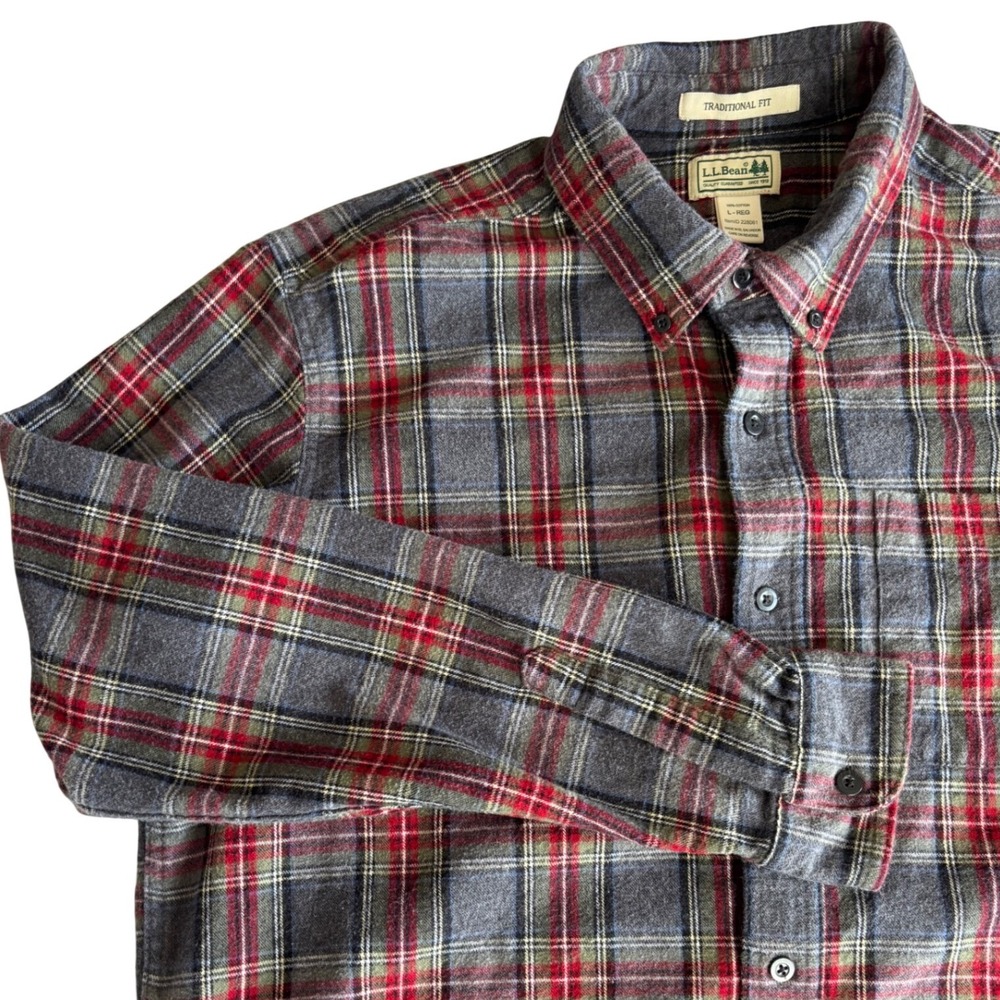 LL Bean Mens Flannel Shirt L Traditional Fit Grey Red Plaid Cotton Lumberjack